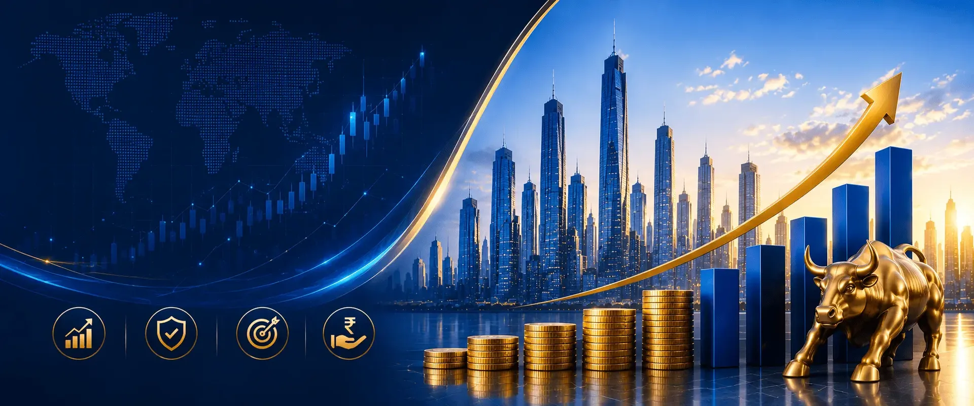 City skyline with rising market chart and golden bull
