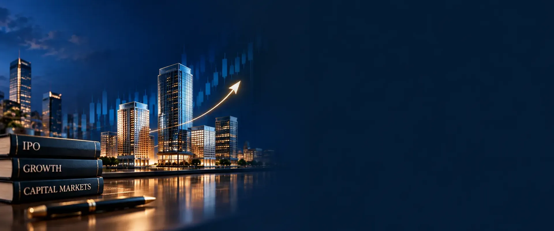 IPO, growth and capital markets books with city skyline