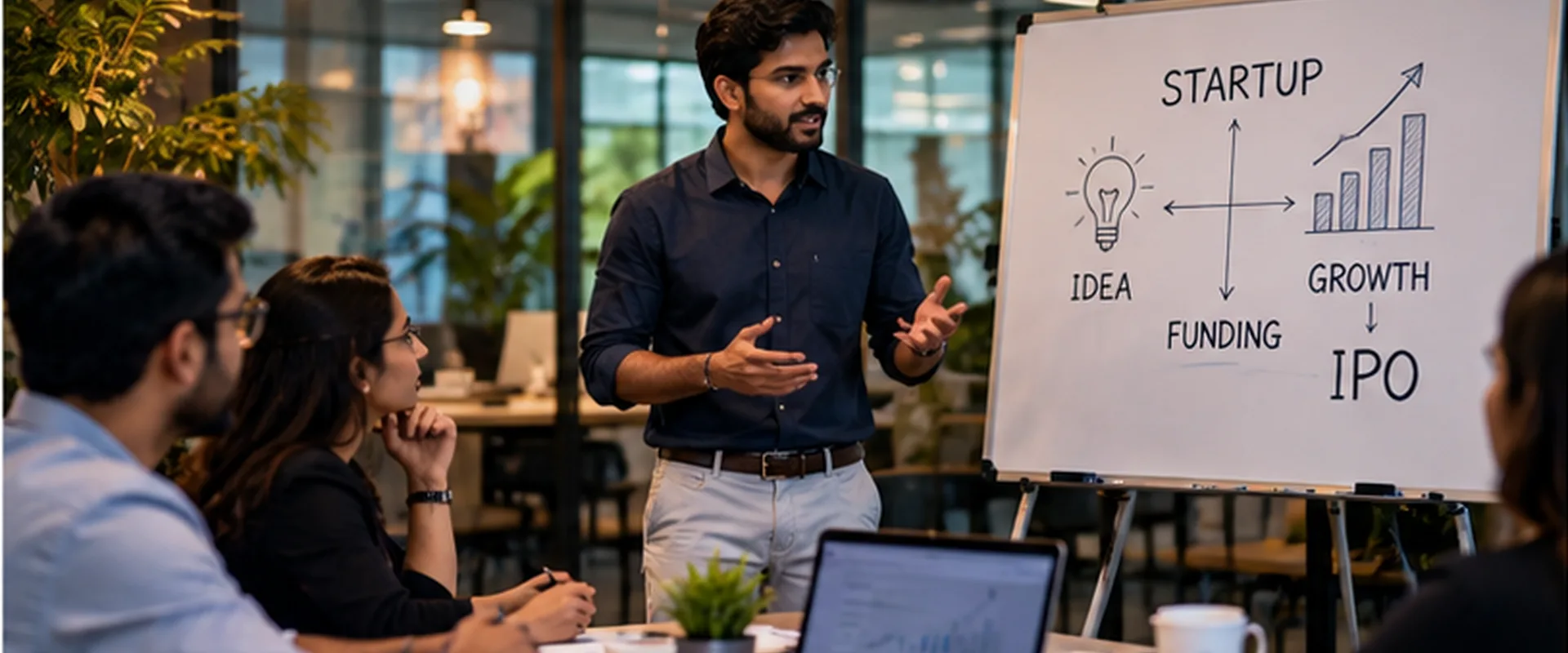 Founders mapping the path from startup to IPO on a whiteboard