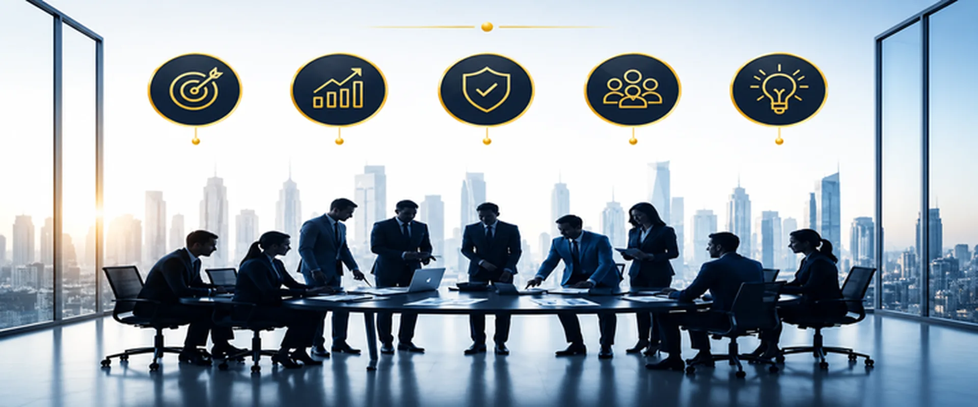 Boardroom meeting silhouettes